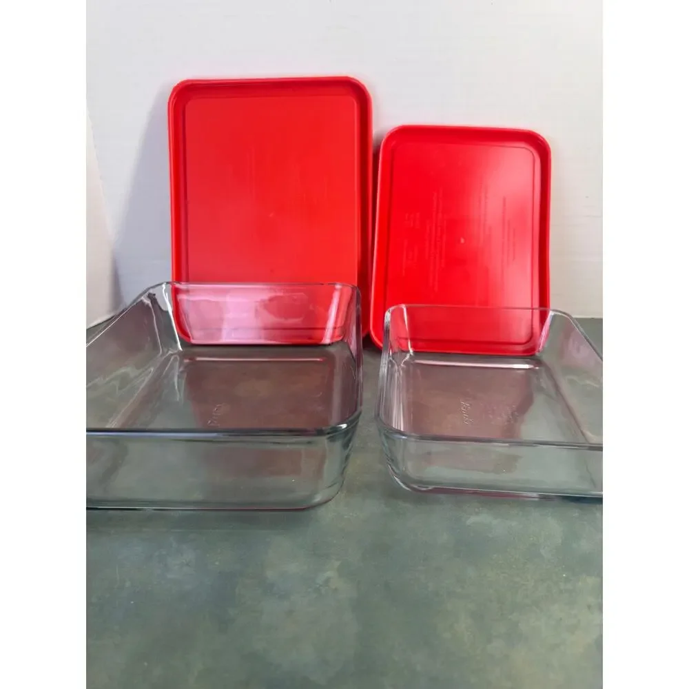 Pyrex 3 Cup & 6 Cup Glass Storage Containers w/ Red Lids USA 7210-PC Set of 2